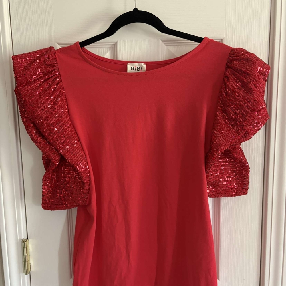 BiBi Red Sequin Ruffle Sleeve Blouse